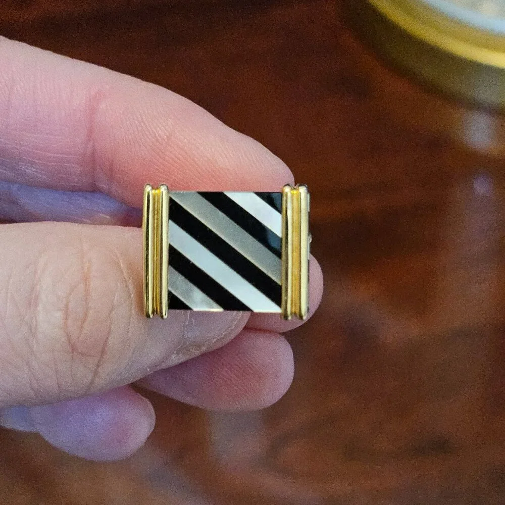 HEAVY RARE VINTAGE ESTATE MAYORS BIRKS 18K ITALY GOLD MOP ONYX STRIPED CUFFLINKS